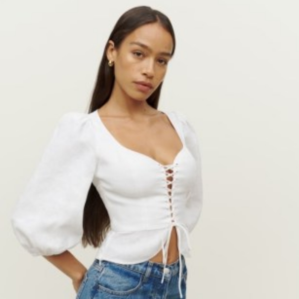 Reformation Barrett White Linen Top